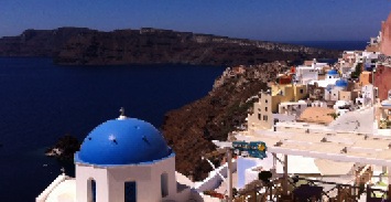 Panoramic view of Santorini, Greece from the ancient town of Thira